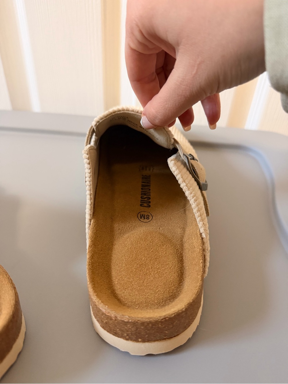 Corduroy Slip-On Mules with Buckle Accent in Beige - Picture 3 of 4